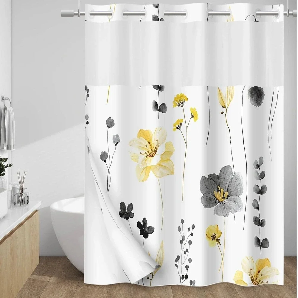 Withloc No Hook Shower Curtain Floral Yellow Gray 71x74 with Built-in Liner